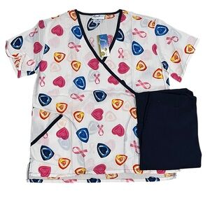 Liana Women’s Scrub Set X-small NWT Pink Ribbon Heart Print Top & Pants